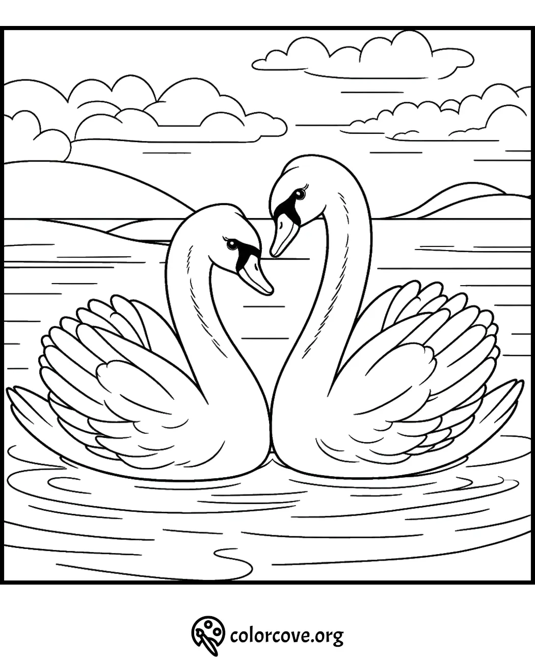 Swan coloring page for kids and adults. Printable black and white illustration of two swans on a lake.