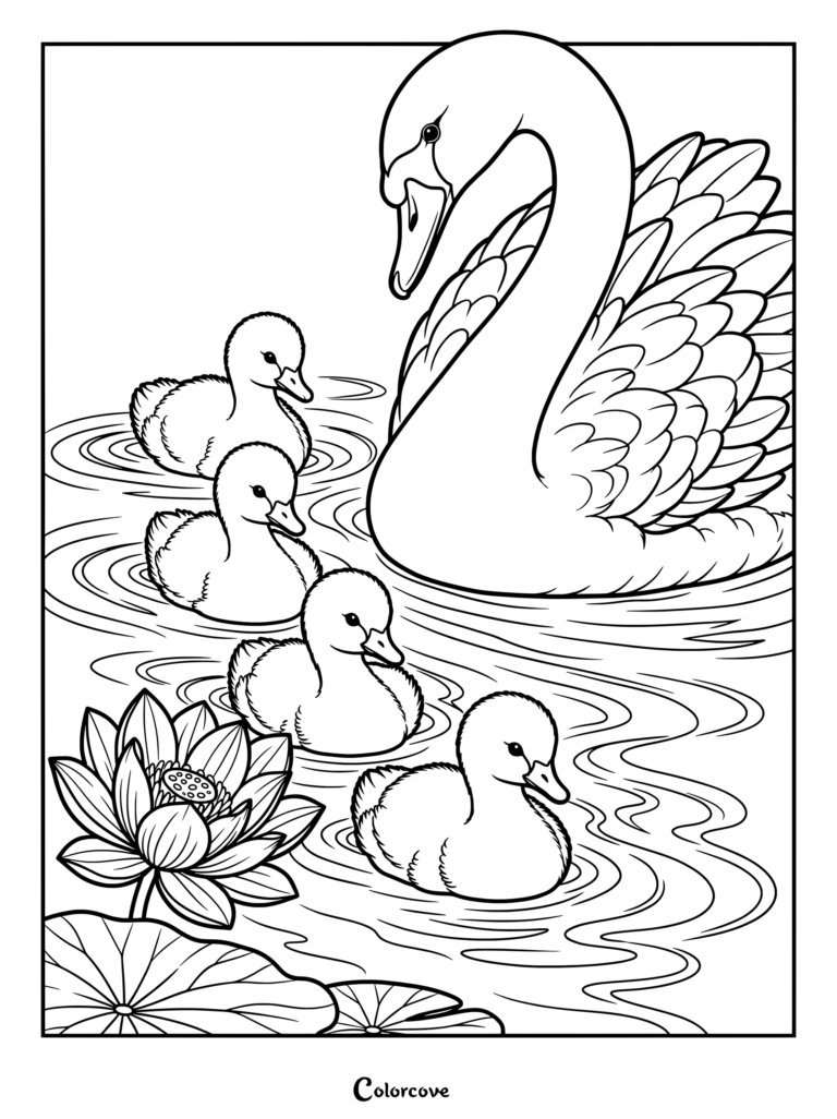 A mother swan swimming with four fluffy cygnets in a pond near a blooming lotus flower coloring page.