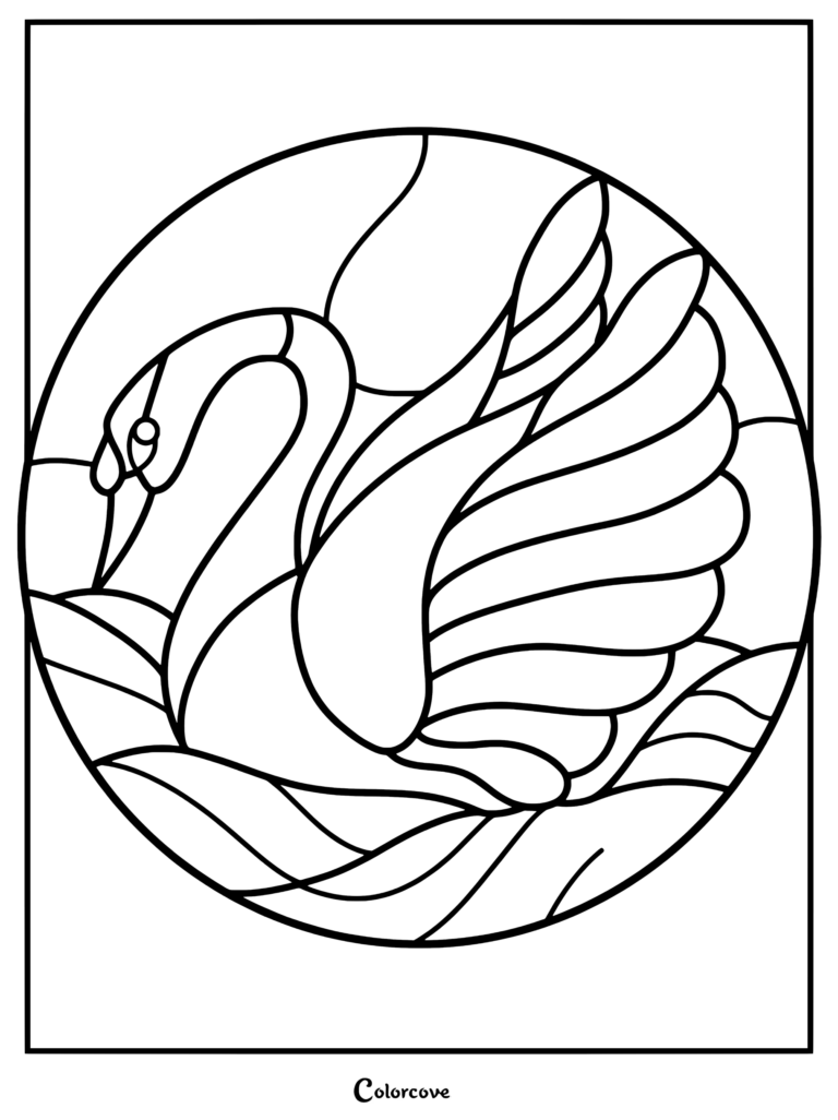 A circular stained glass style swan coloring page featuring a graceful bird swimming on stylized water waves.