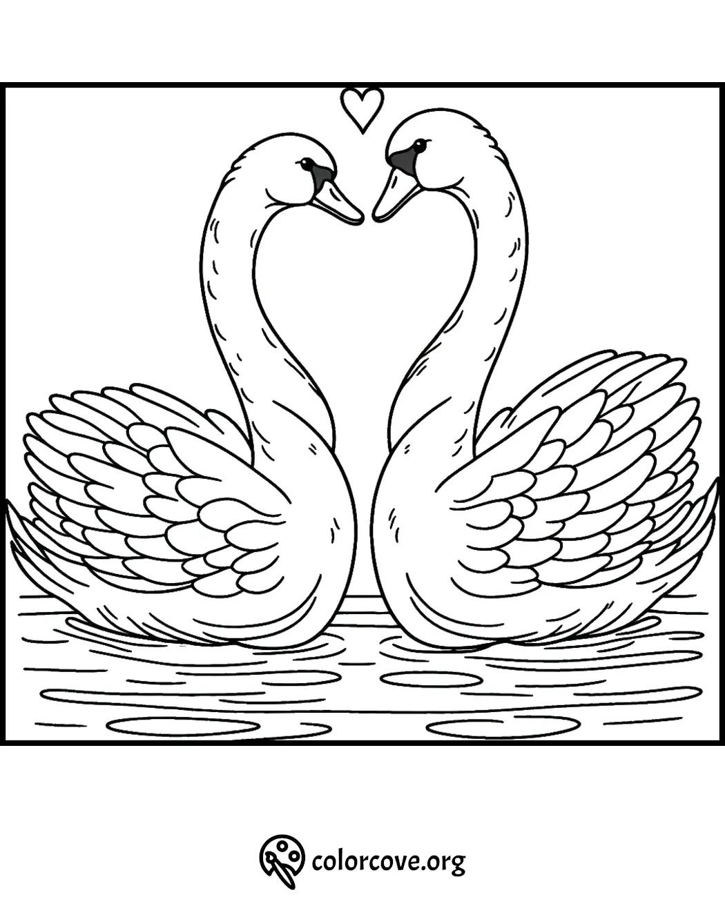 Coloring page of two swans forming a heart shape with their necks, surrounded by water. Perfect for kids.