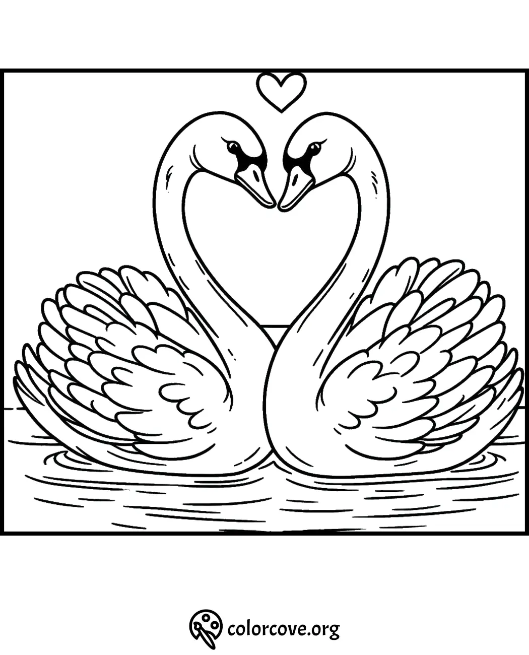 Coloring page of two swans forming a heart with their necks in a romantic scene. Perfect for children and adults to color.