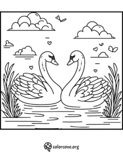 Swan coloring page for kids - Two swans in love on a lake with clouds, hearts, and plants. Perfect for children’s art activities.