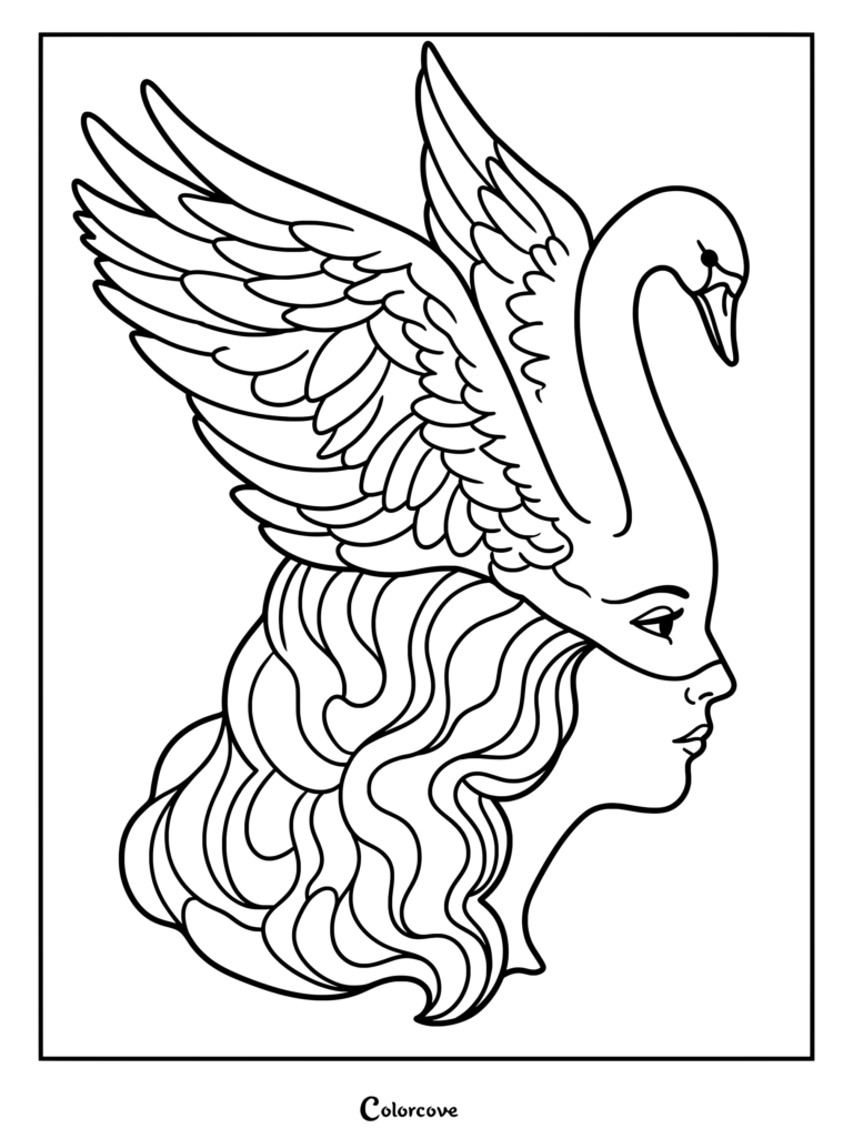 A profile view of a woman with wavy hair wearing an elegant swan mask in this printable coloring page.