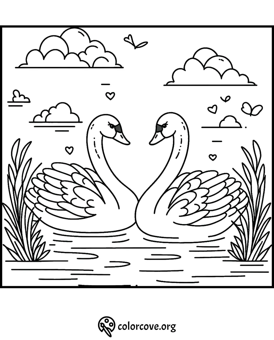 Swan coloring page for kids - Two swans in love on a lake with clouds, hearts, and plants. Perfect for children’s art activities.