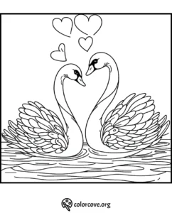 Swan coloring page featuring two swans with hearts above them. Perfect romantic animal-themed art for kids to color.