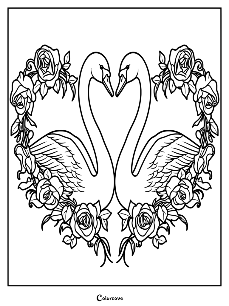 Two elegant swans facing each other to form a heart shape, surrounded by blooming roses in this detailed coloring page.