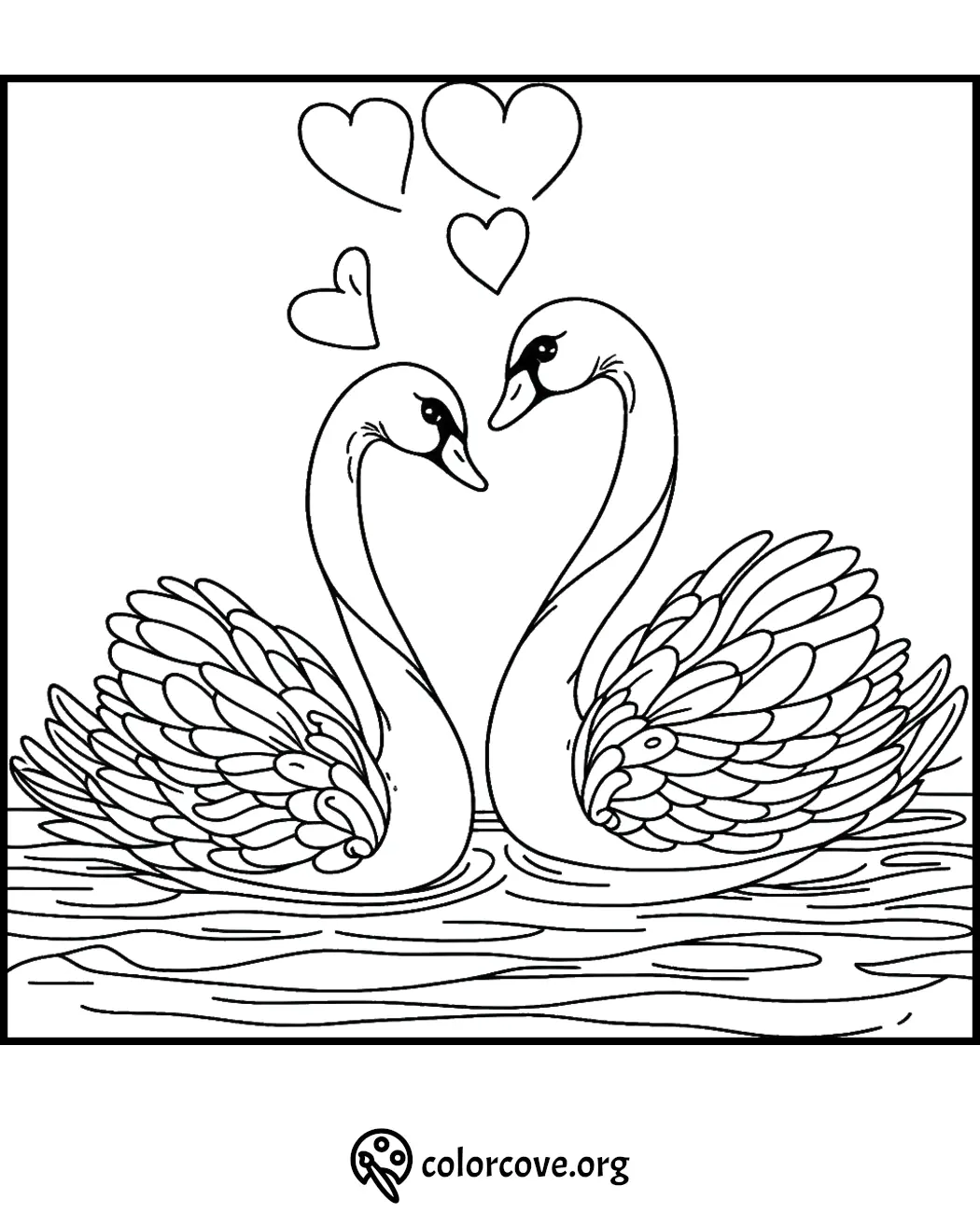 Swan coloring page featuring two swans with hearts above them. Perfect romantic animal-themed art for kids to color.