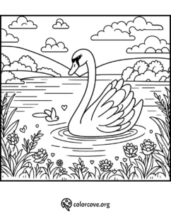 Swan coloring page with a serene lake, rolling hills, blooming flowers, clouds, and a butterfly. Perfect for kids' coloring fun.