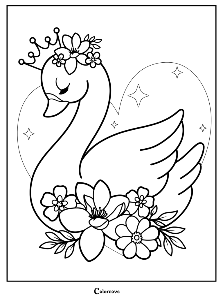 A cute swan wearing a crown and floral headpiece in front of a heart shape, coloring page.