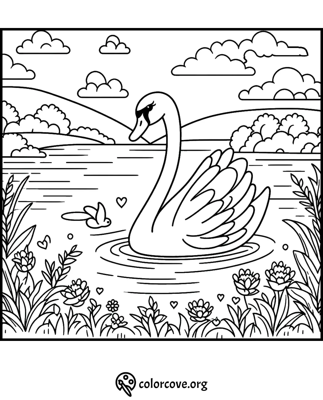 Swan coloring page with a serene lake, rolling hills, blooming flowers, clouds, and a butterfly. Perfect for kids' coloring fun.