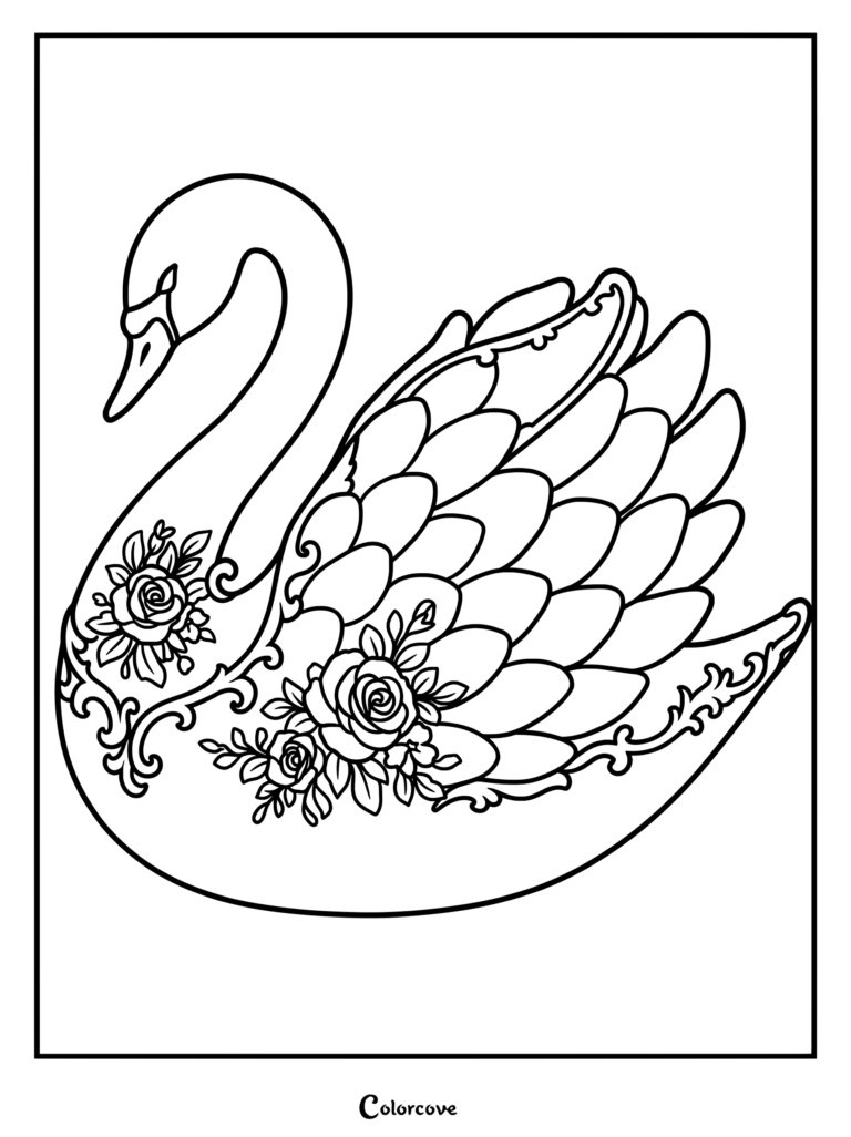 A graceful swan decorated with intricate rose patterns and swirling filigree on its body in this printable coloring page.