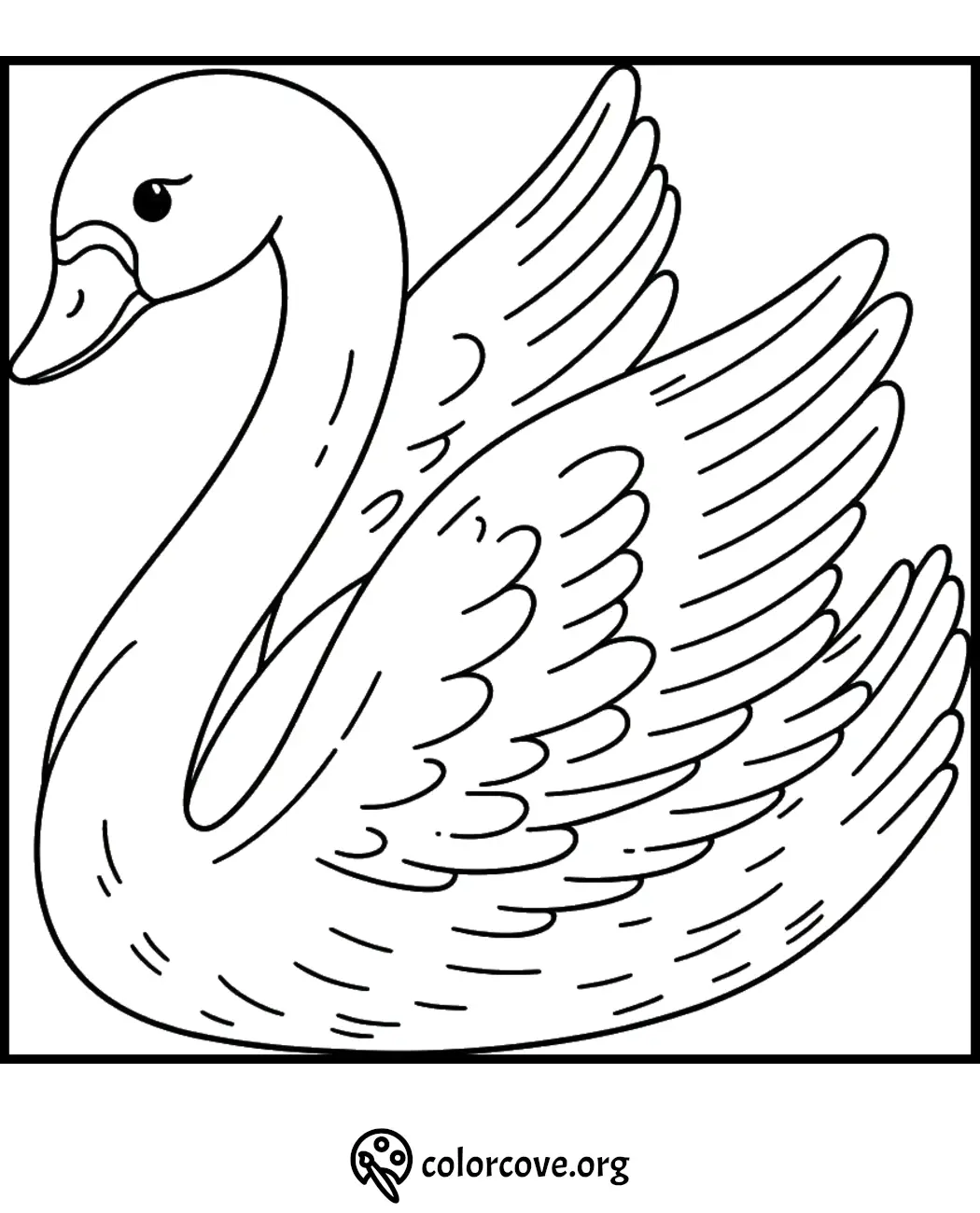 Elegant swan coloring page. Printable swan drawing for kids and adults to color. Free swan coloring sheet from colorcove.org.