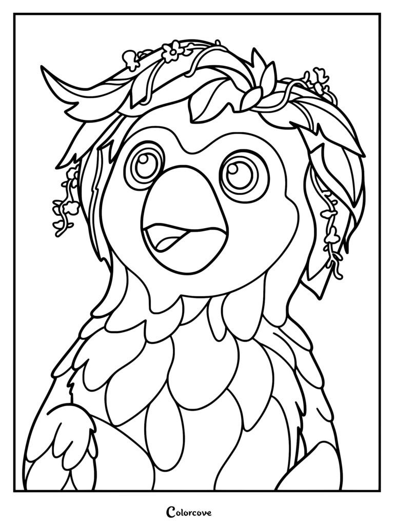 Detailed line art coloring page of Ivy the Javan bird from Swapped, wearing a wreath crown of leaves and tiny flowers with large expressive eyes and feathered details.