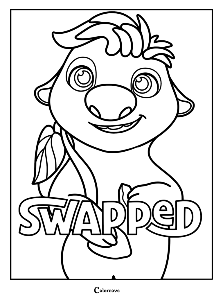 Black and white coloring page showing Ollie the Pookoo from Swapped holding a large leaf behind stylized bubble lettering.