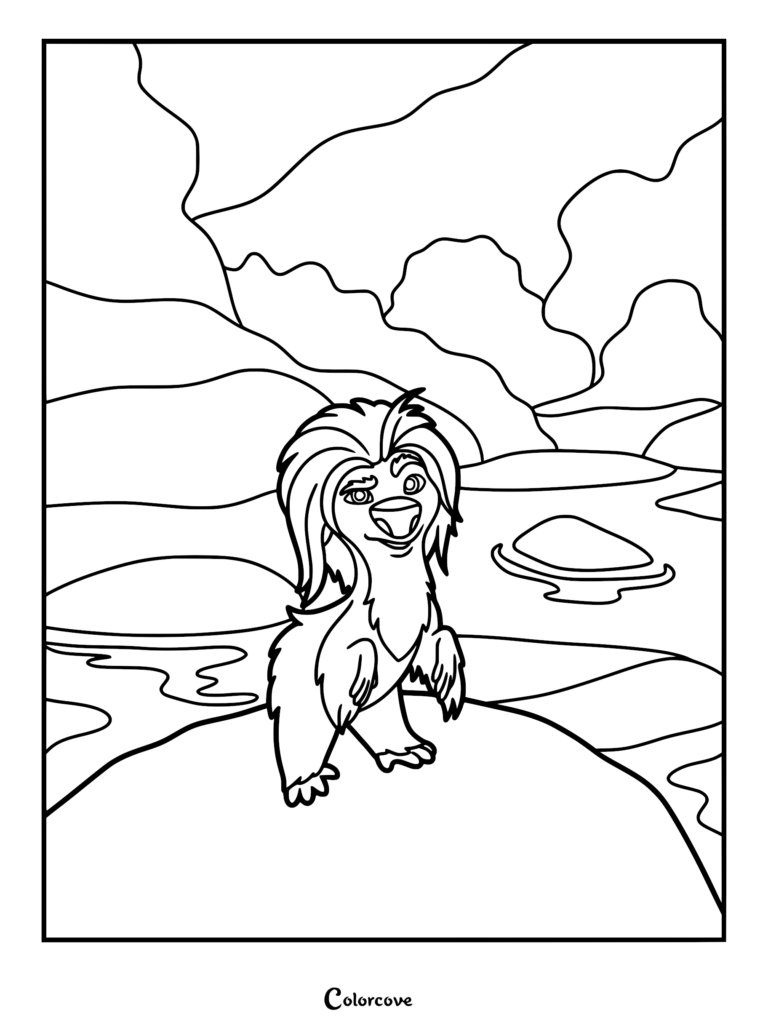 A detailed line art coloring page of Ollie the Pookoo from the movie Swapped, depicting the sloth-like creature standing on a riverbank in The Valley.