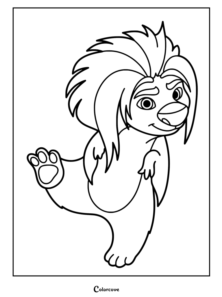 An intricate line art coloring page of Ollie the Pookoo from the movie Swapped, showcasing his spiky mane and padded paws.