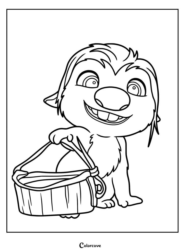 A detailed line art coloring page of Ollie the Pookoo from the Swapped movie, showing a small furry creature with large eyes and buck teeth holding a woven wooden basket.