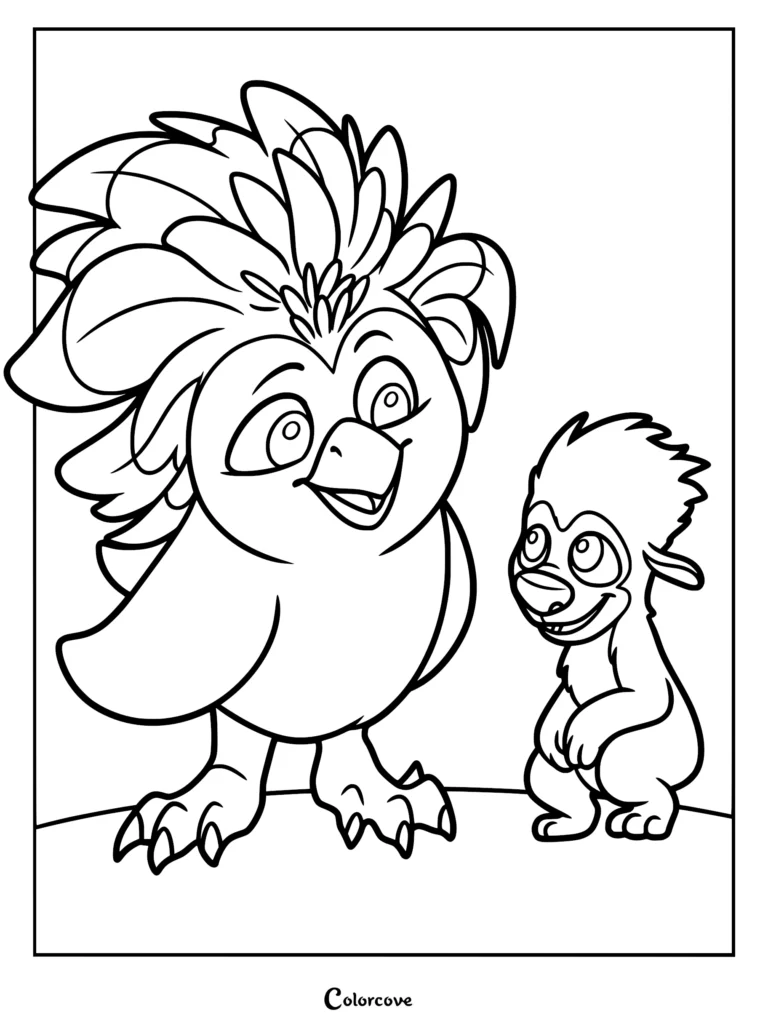 Line art coloring page featuring Ivy the Javan bird and Ollie the Pookoo creature from the movie Swapped standing together.