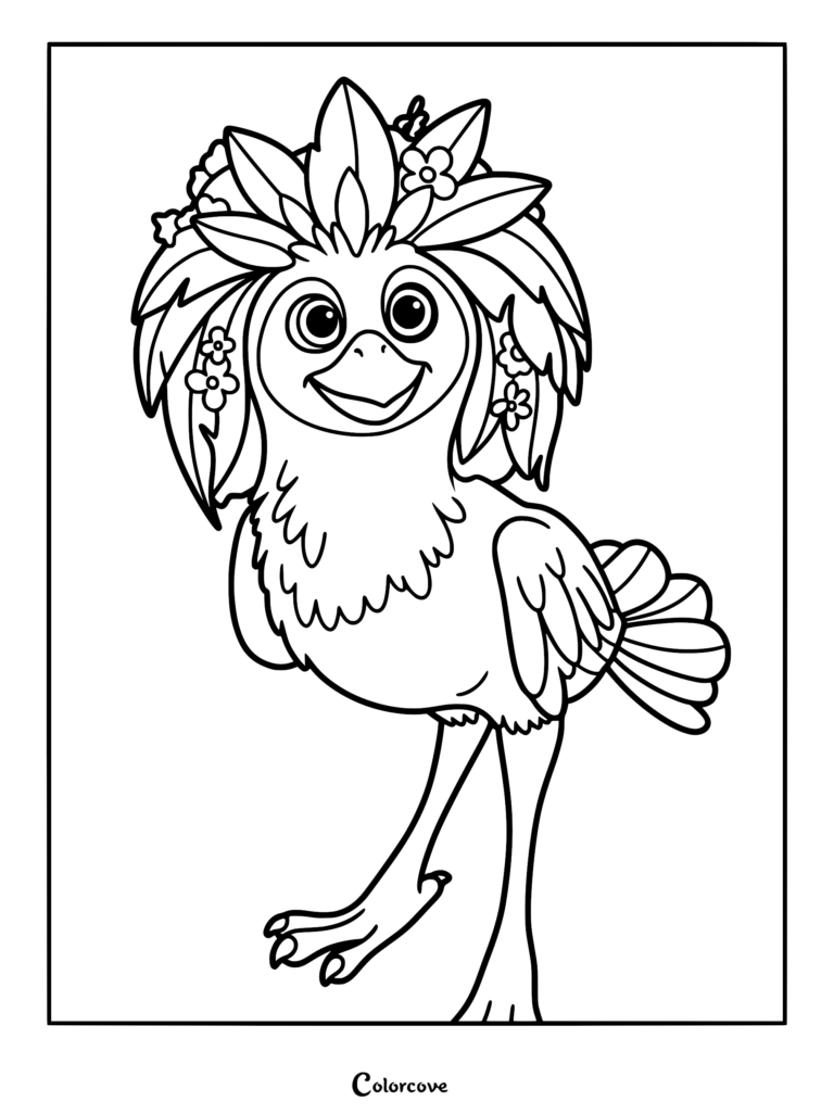 Black and white coloring page of Ivy, the Javan bird from Swapped, wearing a complex crown of pointed jungle leaves and tiny flowers with her large pupils and thin legs.