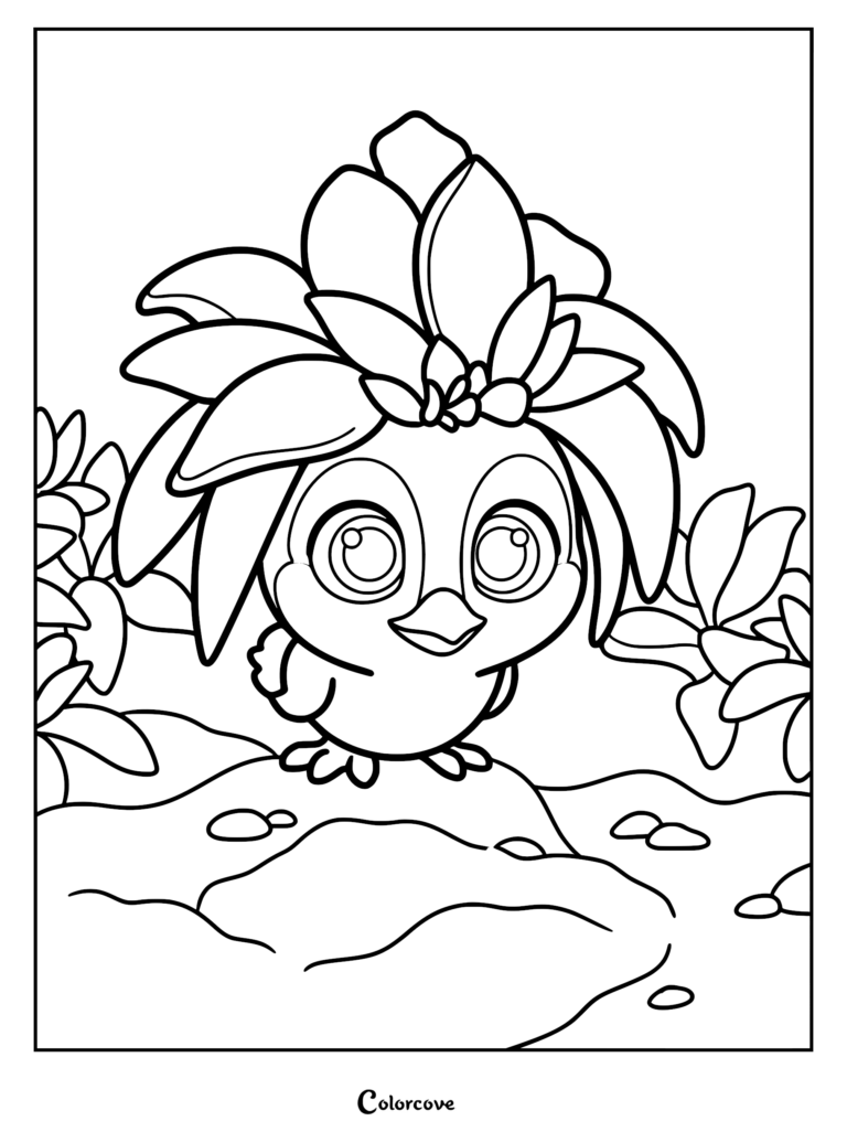 A detailed line art coloring page of Ivy, a baby Javan bird from the Swapped movie, wearing a large floral petal crown while standing on forest ground.
