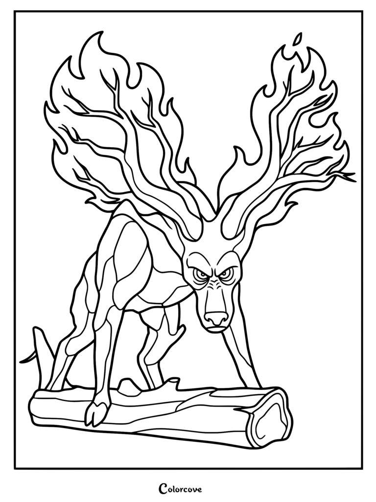 A detailed coloring page of the Firewolf from the movie Swapped, standing in a menacing pose on a fallen log with massive antlers made of scorched wood and flickering flames.
