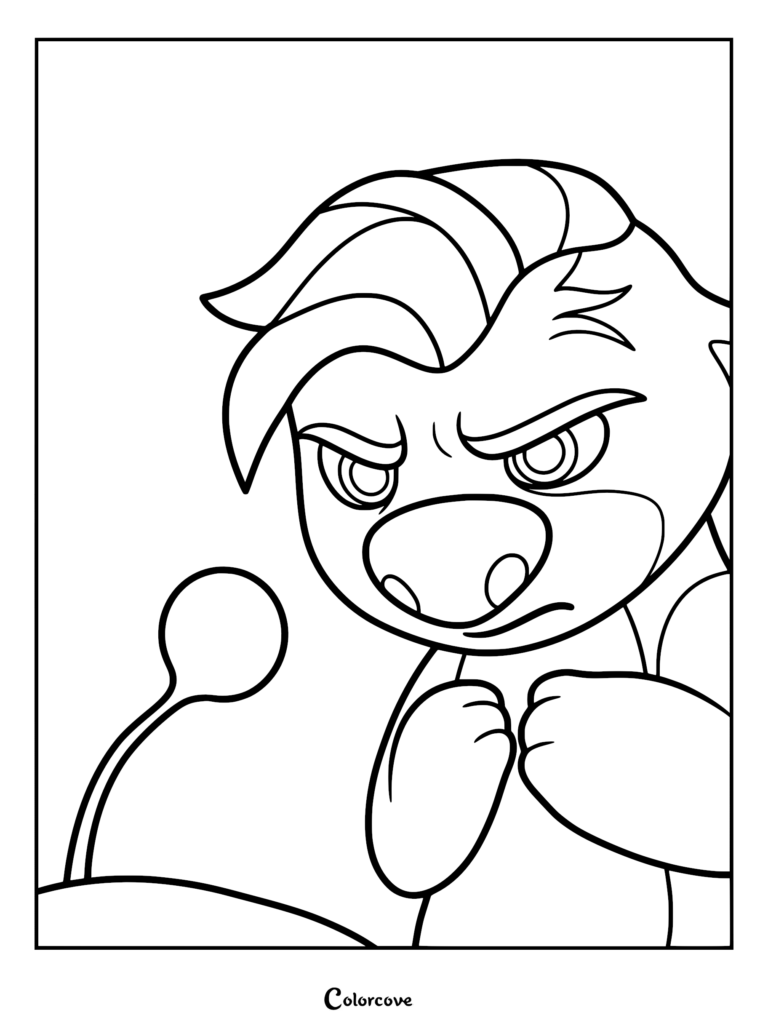 A detailed coloring page of Ollie the Pookoo looking determined and suspicious while holding his fists near a single magical Dzo pod.