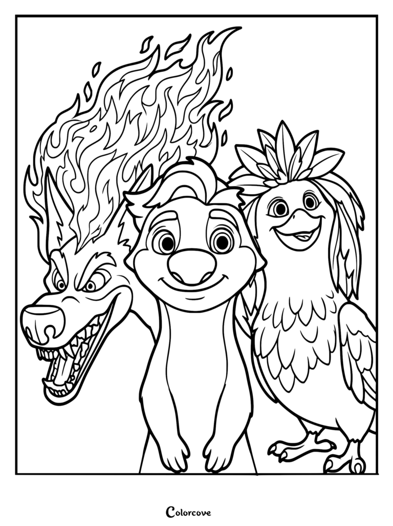 A printable coloring page featuring Ollie the Pookoo, Ivy the Javan bird, and the monstrous Firewolf with flaming hair, black and white line art.