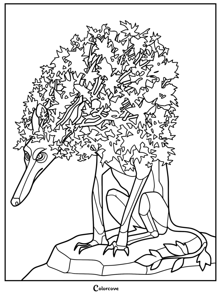 A detailed coloring page featuring a Tree Wolf from the movie Swapped, shown with a body covered in thick foliage and leaves sitting on a rock.