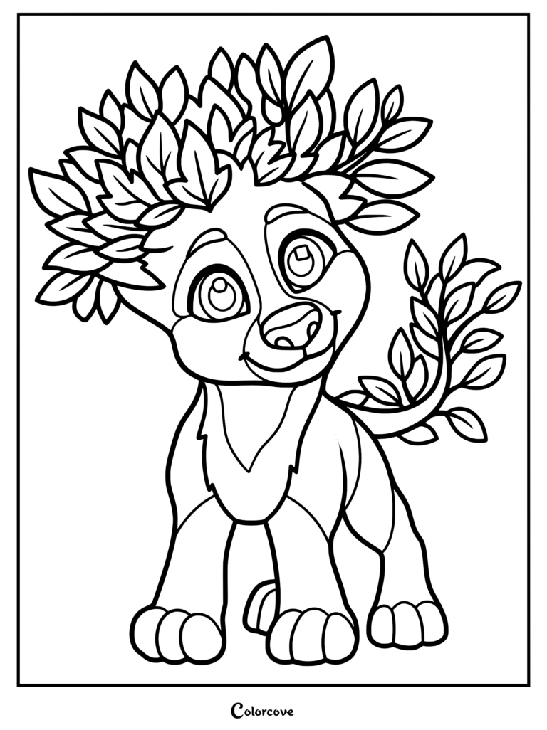A printable coloring page featuring a cute Tree Wolf pup with large curious eyes, leafy fur mane, and a foliage-covered tail.