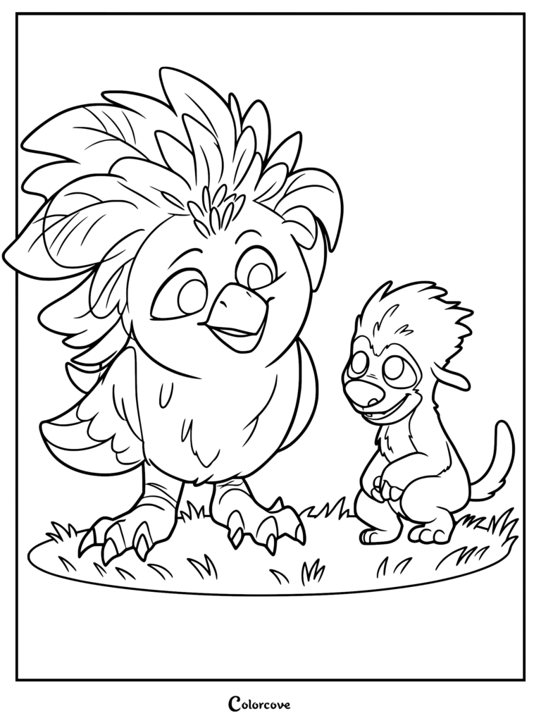 A printable coloring page featuring the young Javan bird-creature Ivy standing next to the small Pookoo Ollie in a grassy field.