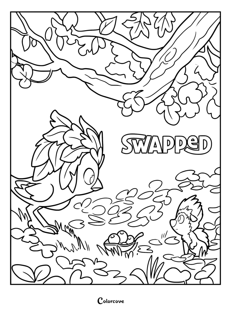 A printable coloring page featuring baby Ollie the Pookoo and baby Ivy the Javan bird interacting in a forest clearing near a seed pod, with the Swapped movie logo in the background.