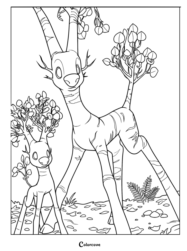 A printable coloring page featuring two Birch Deer characters from the movie Swapped, with tree-like antlers and striped markings standing in a forest setting.