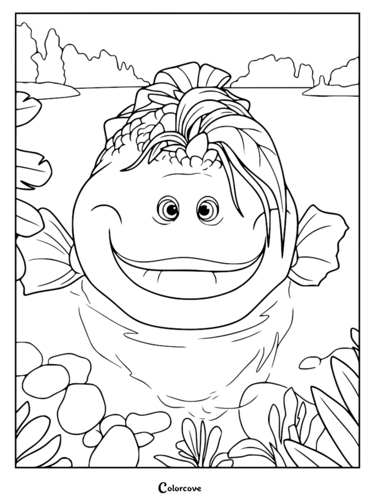 Boogle from Swapped as a purple grouper-style fish with large eyes and algae fins in a pond coloring page for kids