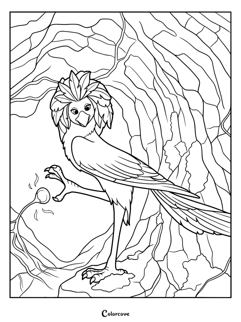 Ivy the Javan bird-creature standing in a magical forest cave, reaching out towards a glowing Dzo pod, printable black and white coloring page.