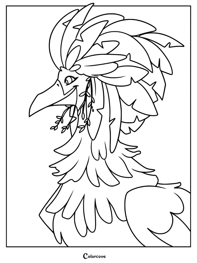 A detailed line art coloring page of Ivy, the green bird-like Javan creature from Swapped, featuring her elaborate feather crest and a small sprig of leaves held in her beak.