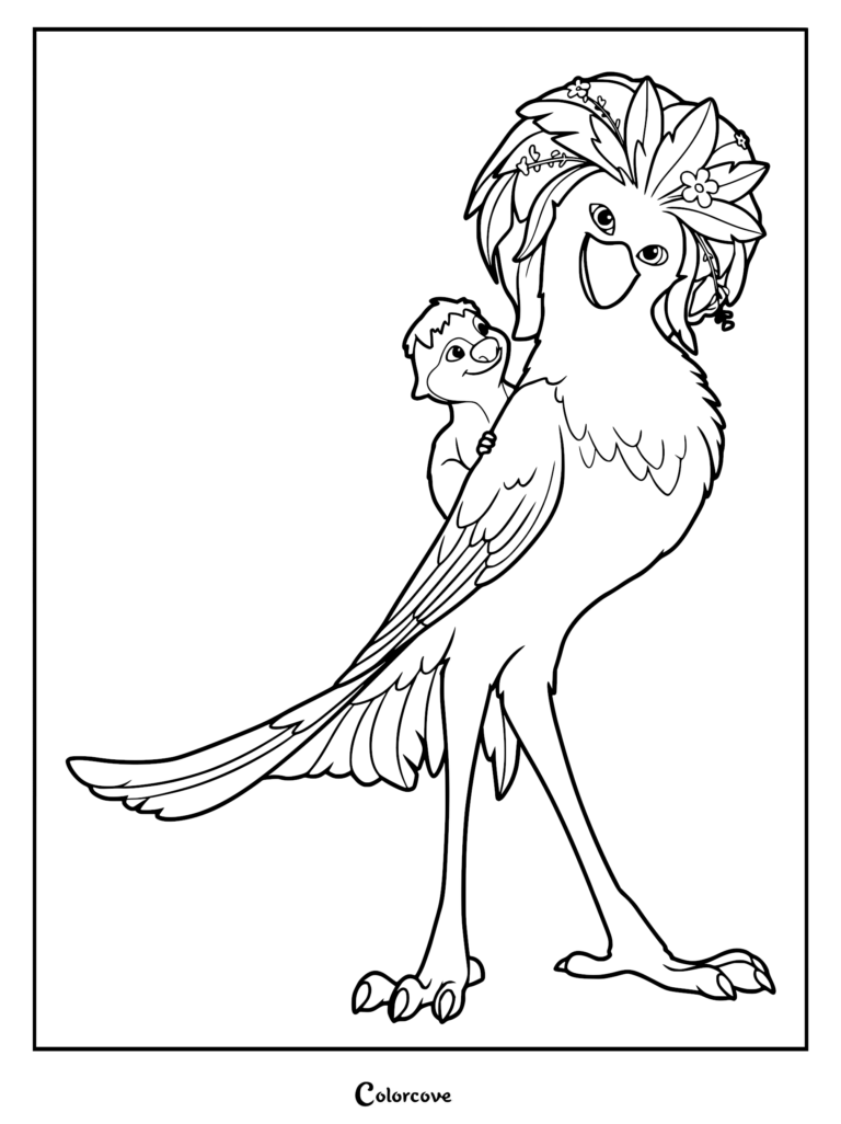 A printable coloring page featuring Ollie the Pookoo riding on the back of Ivy the Javan, who is wearing a flowered wreath on her head.