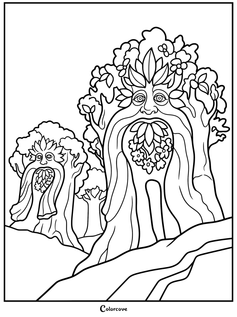 A detailed line art coloring page featuring two ancient, majestic Dzo beings with faces formed from tree trunks, leafy hair, and flower-filled beards standing in a woodland clearing.