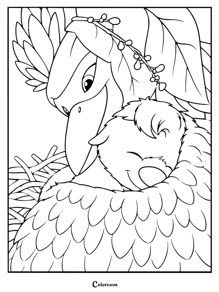 A detailed Swapped movie coloring page showing Ivy with her leafy crown and berry vine nuzzling Ollie as he rests inside a twig nest.
