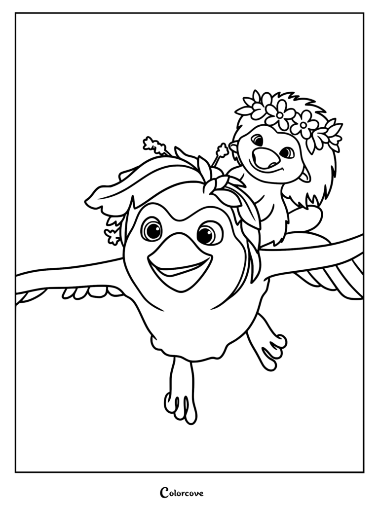 A Swapped movie coloring page showing Ivy flying with a leaf crown as Ollie sits on her back wearing a floral wreath.