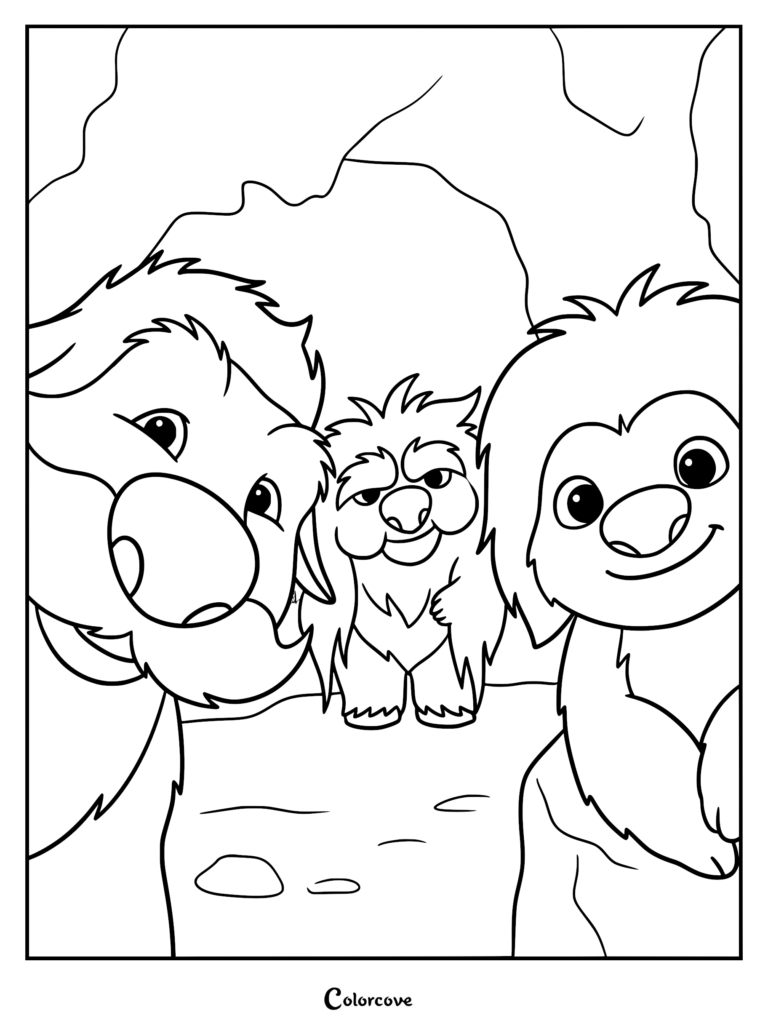 Swapped movie coloring page featuring Ollie's parents and grandma peer forward from a rocky background. The line art captures their furry textures, large round noses, and expressive eyes in a rocky setting.