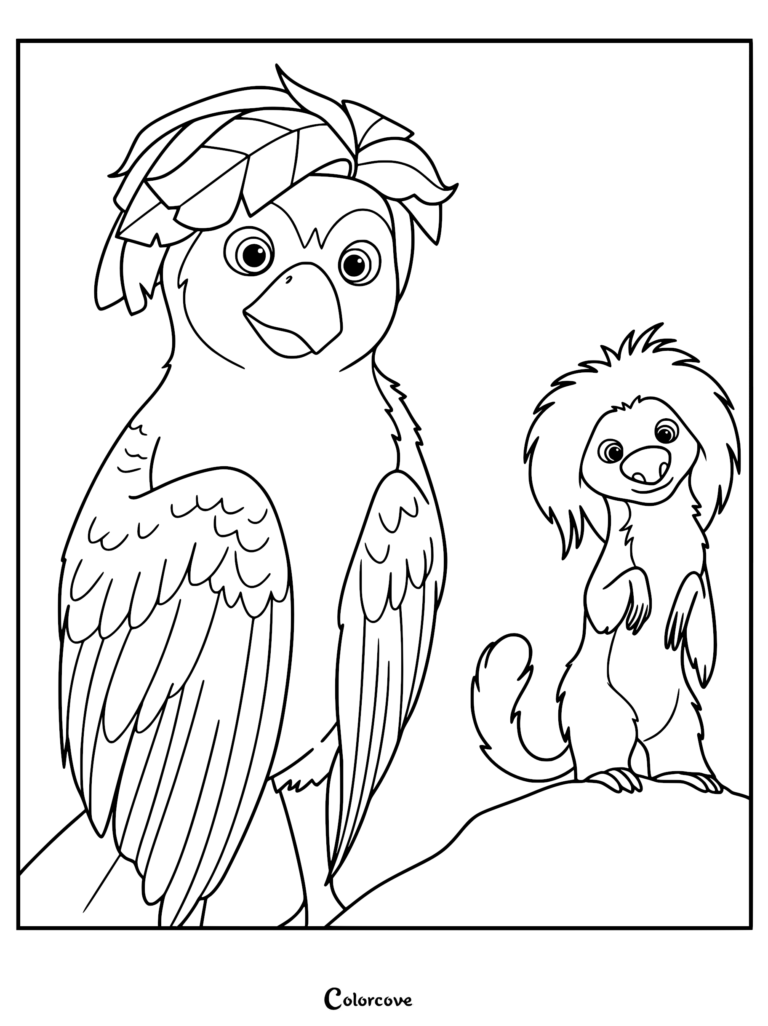 A printable Swapped movie coloring page featuring Ivy with her distinct leafy crown standing beside Ollie on a rocky mound in a clean black and white line art style.