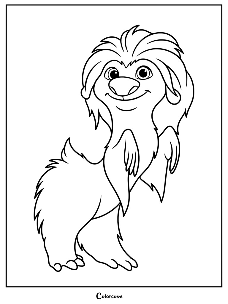 A detailed black and white coloring page of Ollie from Swapped, featuring his tufted fur, large rounded nose, and a curious upright pose.