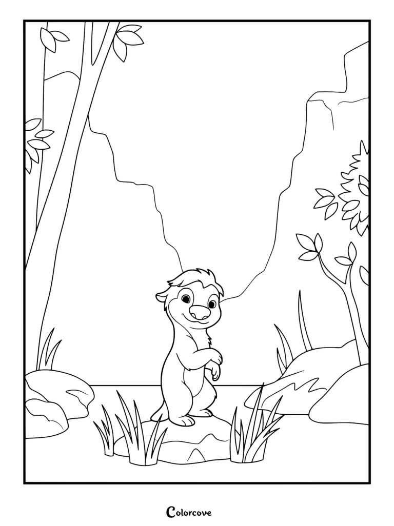 A printable Swapped movie coloring page featuring Ollie standing on a rock in a valley with tall trees and mountain cliffs.