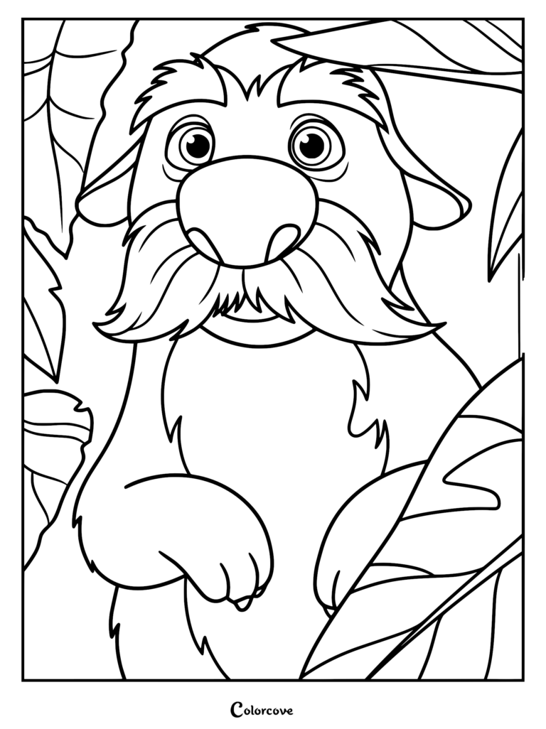 A detailed line art coloring page of Caloo from the movie Swapped, featuring his large mustache and bushy eyebrows as he peers through tropical jungle leaves.