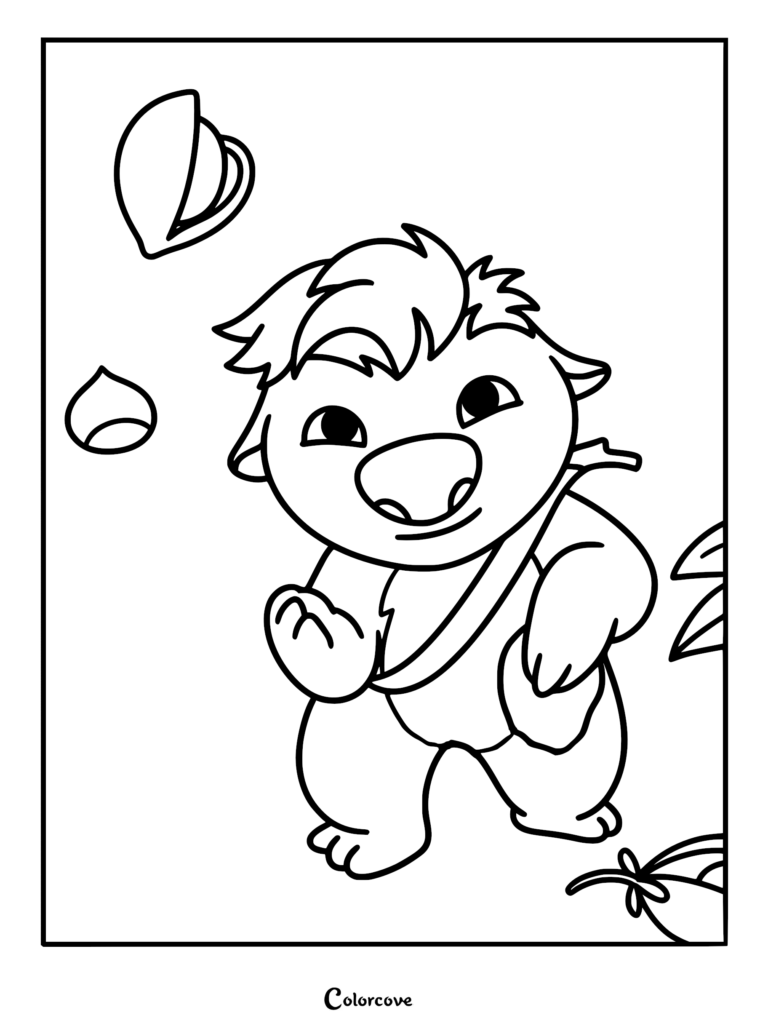 Detailed coloring page of Ollie, a small furry creature from Swapped with tufted hair and a large nose, wearing a sash and walking near falling Piplets.