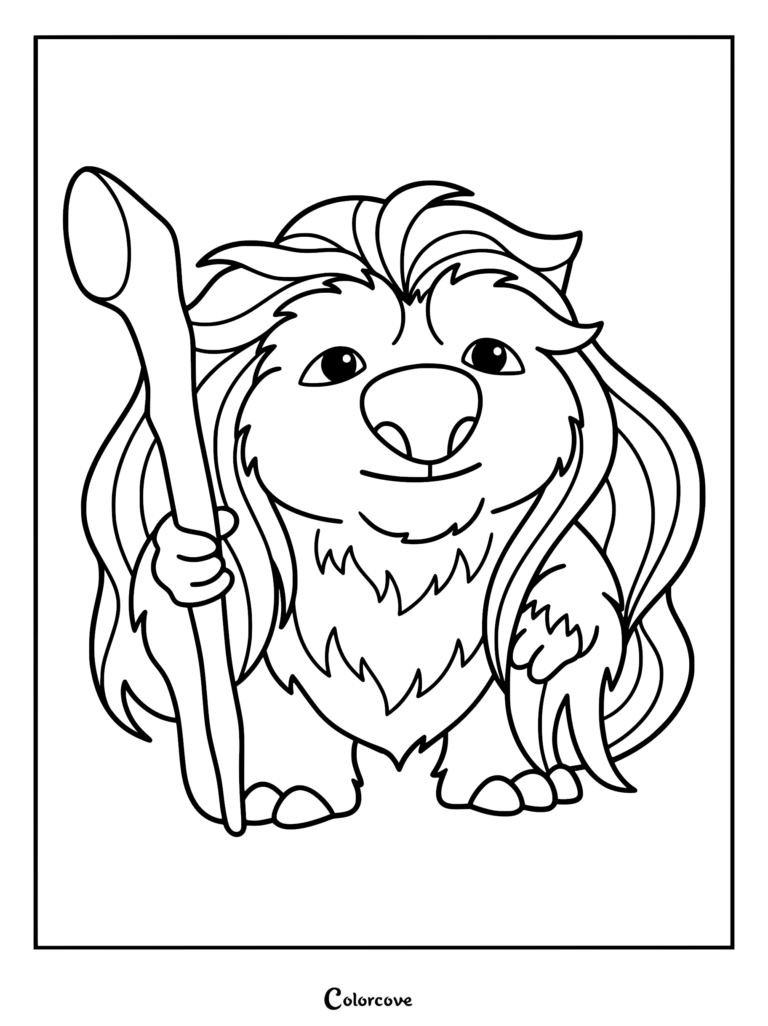 A detailed line art coloring page of Ollie’s Grandma from Swapped, featuring her long flowing fur and holding a wooden staff.