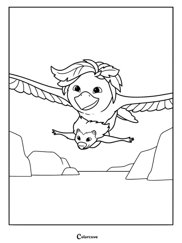 A Swapped movie coloring page of Ivy flying with wide spread wings through a rocky canyon while carrying Ollie.
