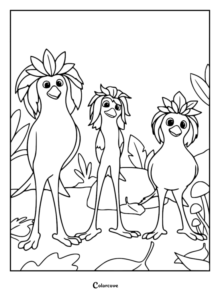 A detailed coloring page of Ivy, Violet, and Lily standing together. These bird-plant hybrids feature long legs, beaks, and distinctive leafy crowns on their heads, set against a forest floor with mushrooms and foliage.