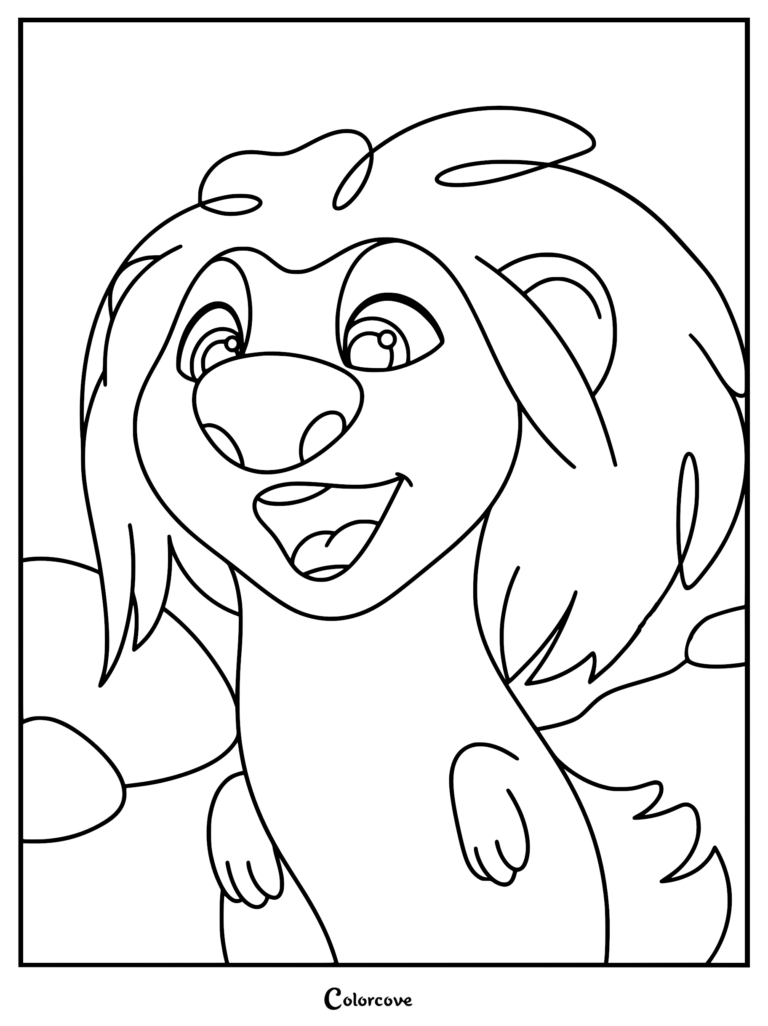 A detailed line art coloring page of Ollie from Swapped showing his large round nose, wide expressive eyes, and tufted fur.