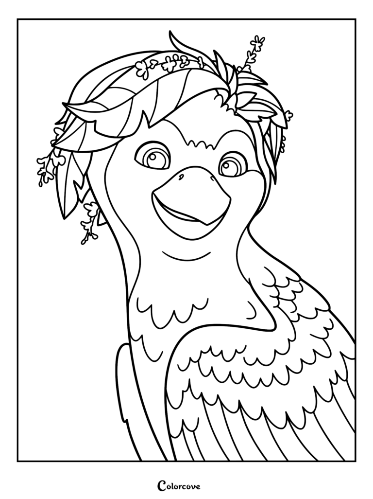 Detailed line art coloring page of Ivy from Swapped Movie, showing her large expressive eyes, leafy crown, and layered wing feathers.